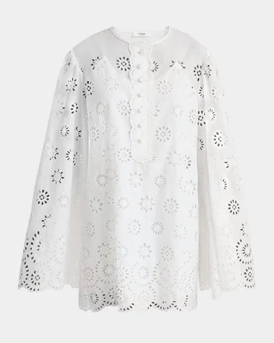 Chloé Scalloped Eyelet-embroidered Mini Shift Dress In White