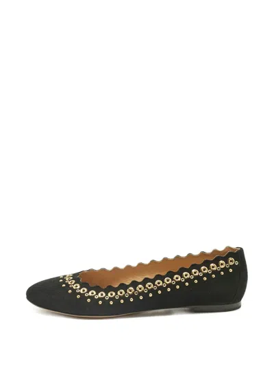 Pre-owned Chloé Scalloped Studded Suede Flats In Black