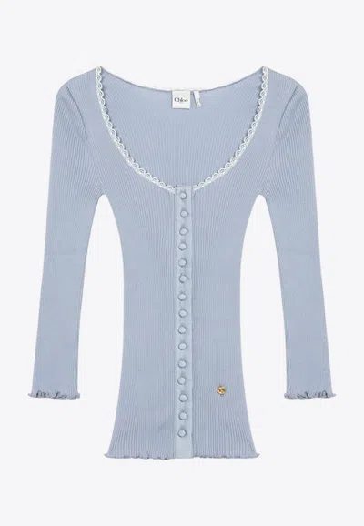 Chloé Scoop-neck Fitted Cardigan In Blue