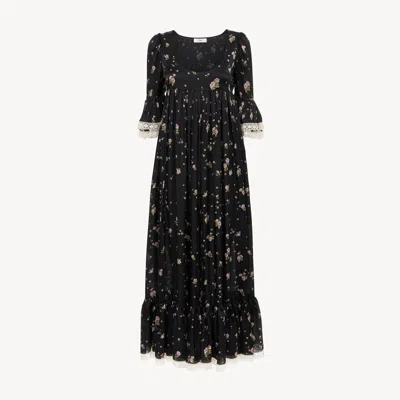 Chloé Lace-trimmed Gathered Floral-print Silk-charmeuse Midi Dress In Black