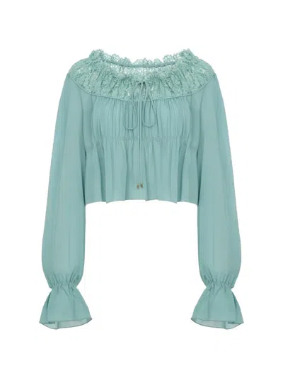 Chloé Chiffon-soft Silk Long-sleeve Top With Ruffle Details And Drawstring Neckline In Blue