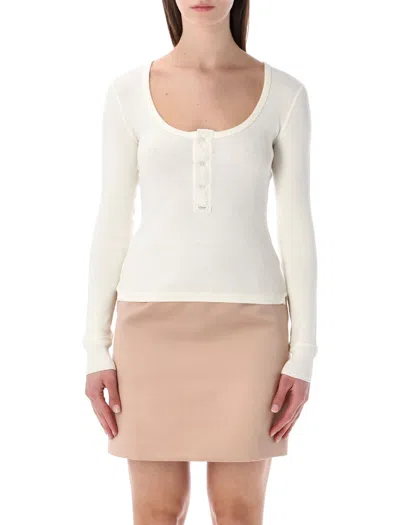Chloé Scoop-neck Long Sleeve Shirt - Fitted Elegance In White