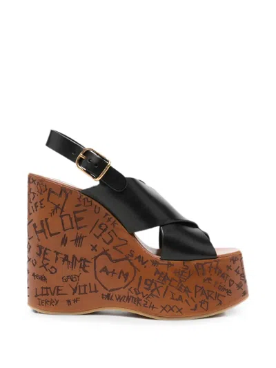 Chloé Scribble-print Wedge Sandals In Black