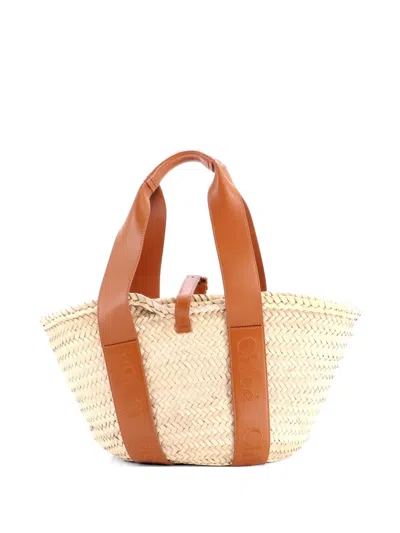 Pre-owned Chloé Sense Basket Tote Raffia With Leather Medium Shoulder Bag In Brown