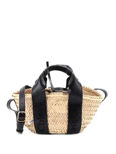 Pre-owned Chloé Sense Basket Tote Raffia With Leather Medium Shoulder Bag In Neutral