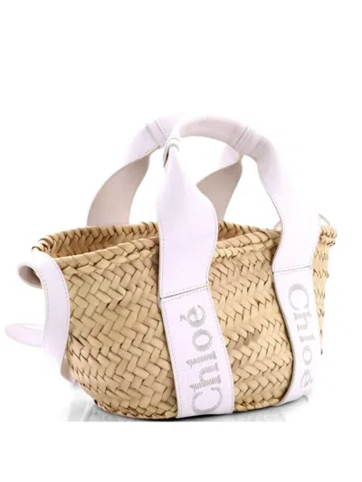 Pre-owned Chloé Sense Basket Tote Raffia With Leather Medium Shoulder Bag In White