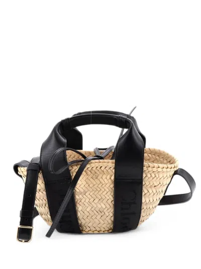 Pre-owned Chloé Sense Basket Tote Raffia With Leather Small Shoulder Bag In Black