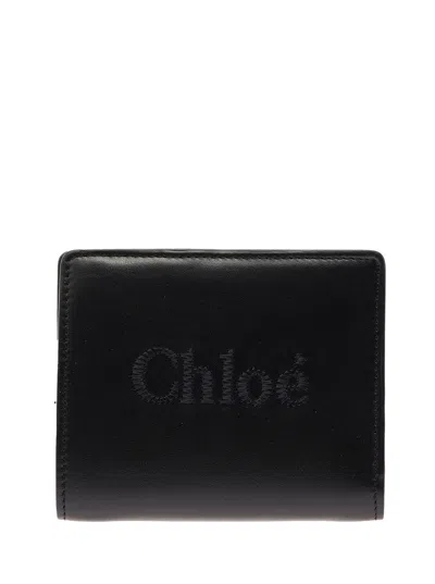 Chloé 'sense' Black Bi-fold Wallet With Tonal Logo Embroidery In Leather Woman In Multicolor