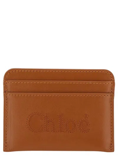 Chloé 'sense' Camel Brown Card-holder With Tonal Logo Embroidery In Leather Woman In Orange