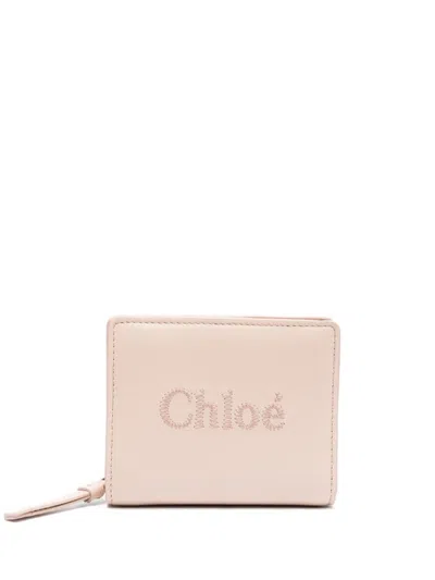 Chloé Sense Logo-embroidered Leather Wallet In Pink