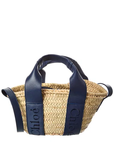 Chloé Sense Small Raffia & Leather Basket Tote In Blue