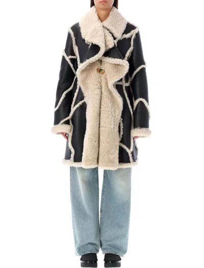 Chloé Patchwork Shearling Coat Wide Collar In Neutrals