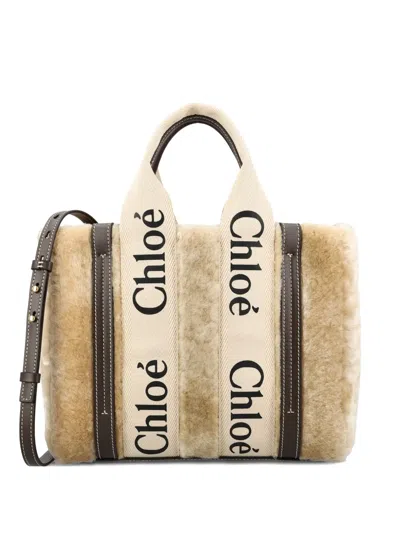 CHLOÉ SHEARLING LOGO-PLAQUE TOTE BAG