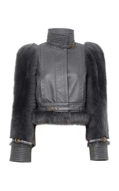 Chloé Shearling-sleeve Leather Jacket In Grey