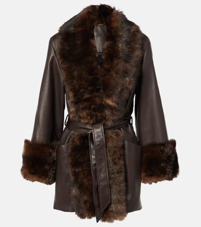 Chloé Shearling-trimmed Leather Wrap Jacket In Brown