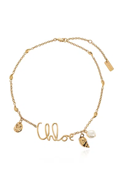 Chloé Gold Colored Necklace With Logo Lettering In Brass Woman In Multicolor