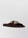 Chloé Shiny Calfskin Flat Mules With Double Buckle In Stormy Red
