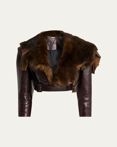 CHLOÉ SHINY LEATHER CROP MOTO JACKET WITH REMOVABLE LAMB SHEARLING COLLAR