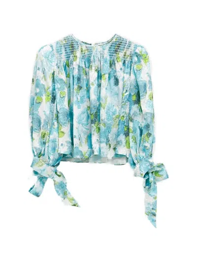 Chloé Shirred Floral-print Top In Blue