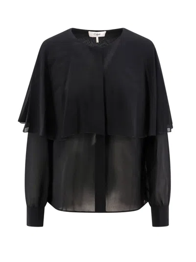 Chloé Blouse Cape En Georgette De Soie Femme Noir Taille 40 100% Soie, Pinctada Maxima, Farmed, Coo Austra In Black