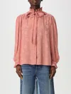 Chloé Floral Jacquard Tie-neck Ruffle Blouse In Pink