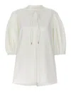 Chloé Cotton Keyhole Puff Sleeve Tie Neck Top In White