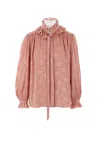 Chloé Floral Jacquard Tie-neck Ruffle Blouse In Pink