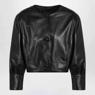 Chloé Cropped Leather Jacket Round Neckline Cuffs In Black