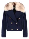 Chloé Double-breasted Fur Collar Gold Buttons Jacket In Blue