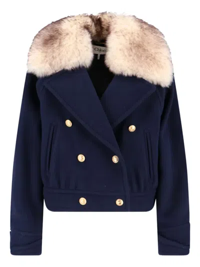 Chloé Double-breasted Fur Collar Gold Buttons Jacket In Blue