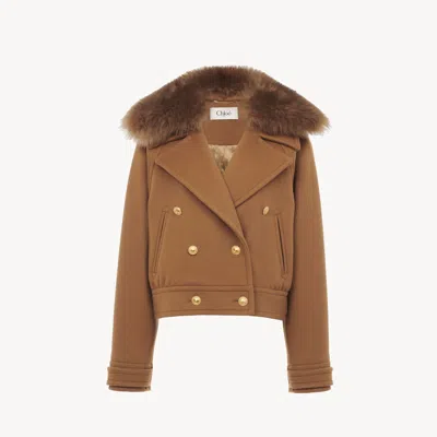 Chloé Short Boxy Double-breasted Coat In Soft Wool Brown Size 10 80% Virgin Wool, 20% Polyamide, Horn Buba