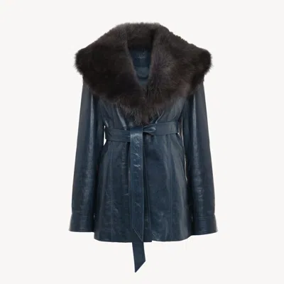 Chloé Belted Shearling-trimmed Paneled Textured-leather Jacket In Blue