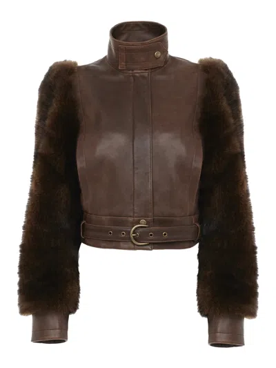 Chloé Short High-neck Leather Jacket In Brown