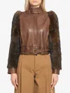 Chloé Leather Jacket With Belted Waist And Fur Sleeves In Brown