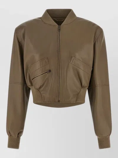 Chloé Short Leather Jacket Ribbed Trim Pockets In Nude