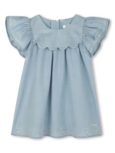 Chloé Babies' Short Sleeve Denim Dress In Blue
