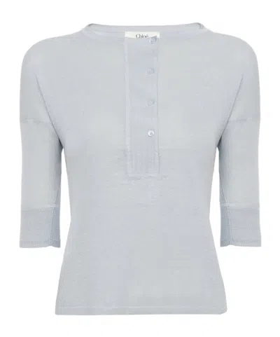 Chloé Short-sleeve Henley Shirt In Linen  Silk Knit In Blue