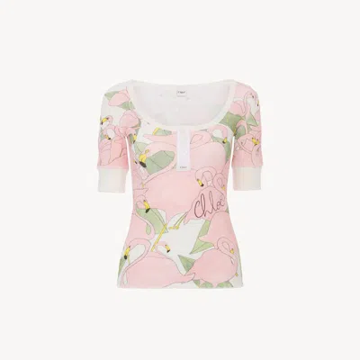 Chloé Short-sleeve Logo Henley Shirt In Cotton Jersey In Pink