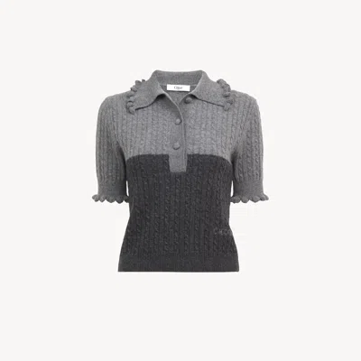 CHLOÉ SHORT-SLEEVE POLO SWEATER IN A WOOL & CASHMERE KNIT GREY SIZE M 71% WOOL, 29% CASHMERE