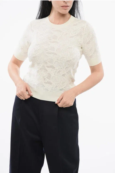 Chloé Short-sleeved Jacquard Silk Blend Sweater In Beige