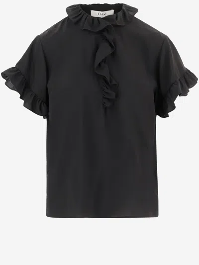 Chloé Short-sleeved Ruffled Top In Crêpe De Chine In Black