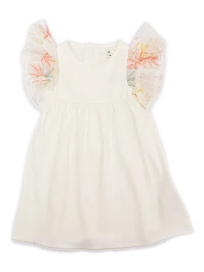 Chloé Kids' Short Sleeves Dress In 100% Organic Cotton Interlock. Ruffled Sleeves In 100% Organic Cotton Veil Wi In White