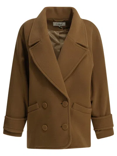 Chloé Short Wool Coat In Brown