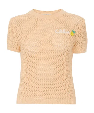 Chloé Short-sleeve Logo Sweater In Crochet Knit In Brown