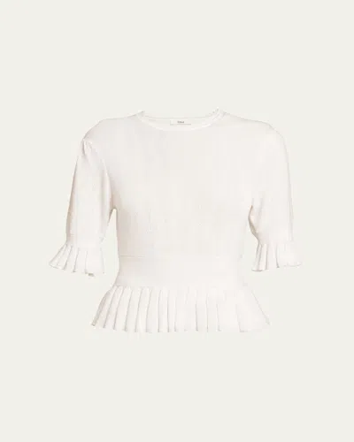 Chloé Short-sleeve Pointelle Kit Ruffle Crewneck Sweater In White
