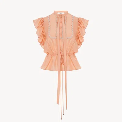 Chloé Short-sleeve Ruffle Top In Washed Silk Habotai & Lace In Pink