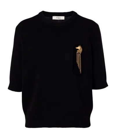 Chloé Embellished Ribbed Wool And Cashmere-blend Sweater In Black