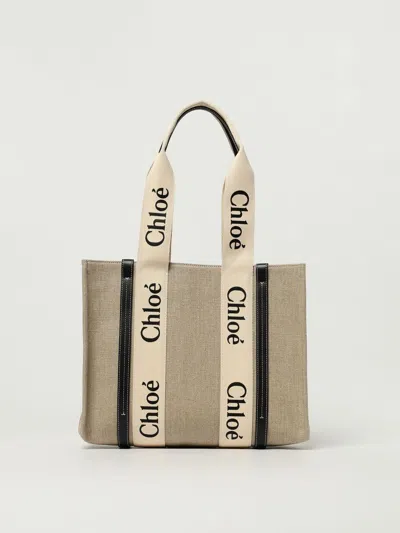 Chloé Woody Linen Tote Bag In Nude