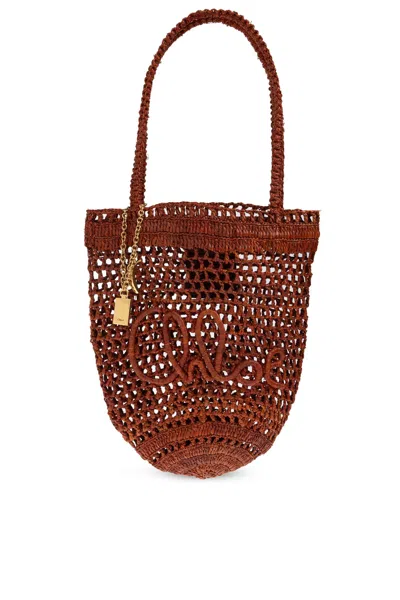 Chloé Summer Banana Embellished Embroidered Raffia Tote In Brown