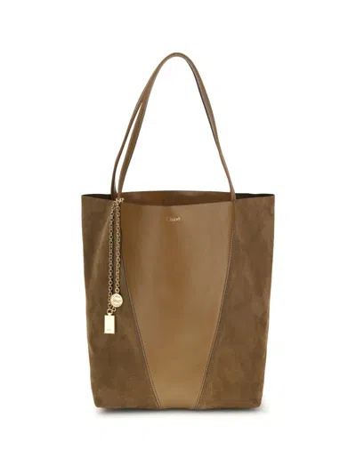 Chloé Spin Tote Bag In Leather And Suede Khaki Women In Brown